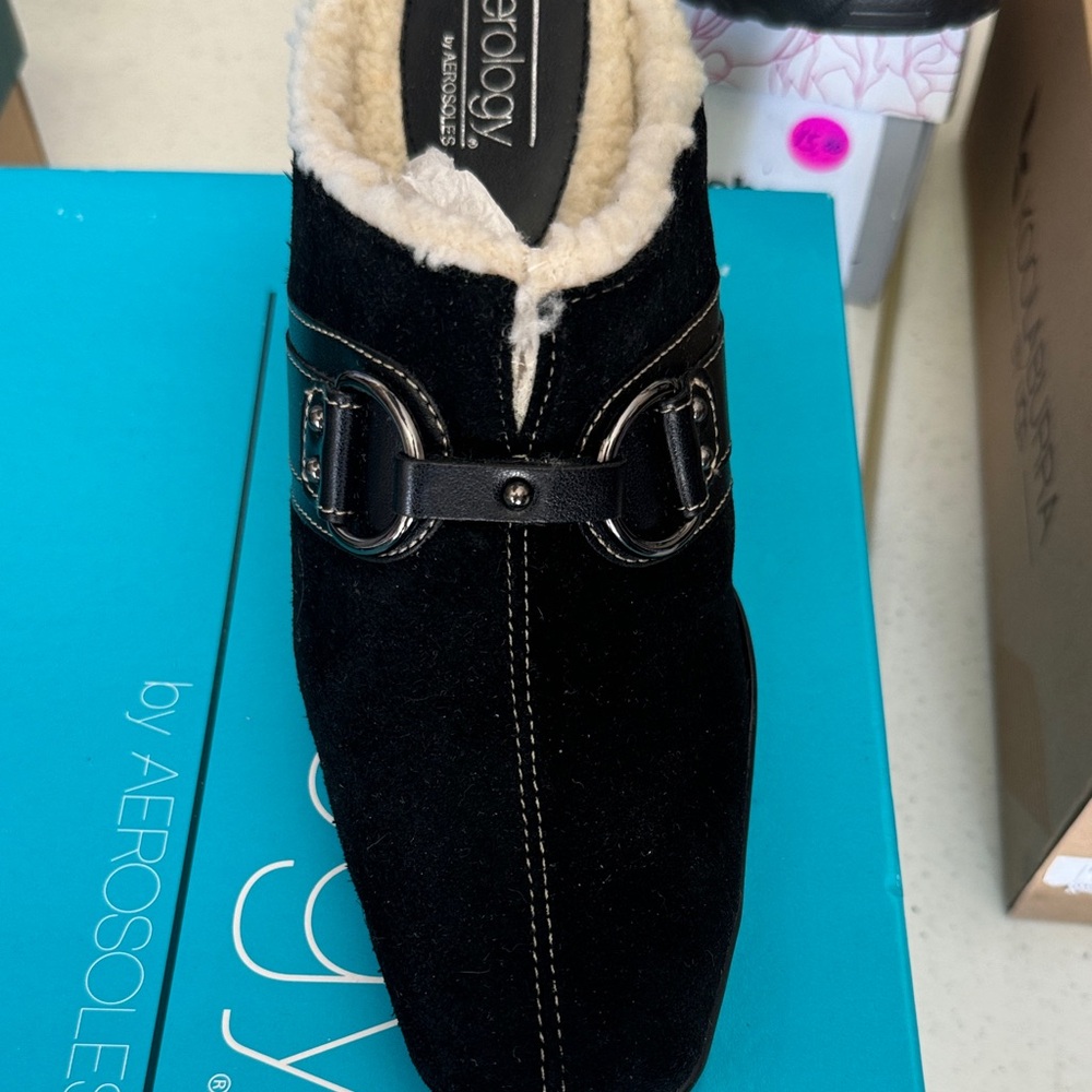AEROSOLES Black Suede Buckle Shoes